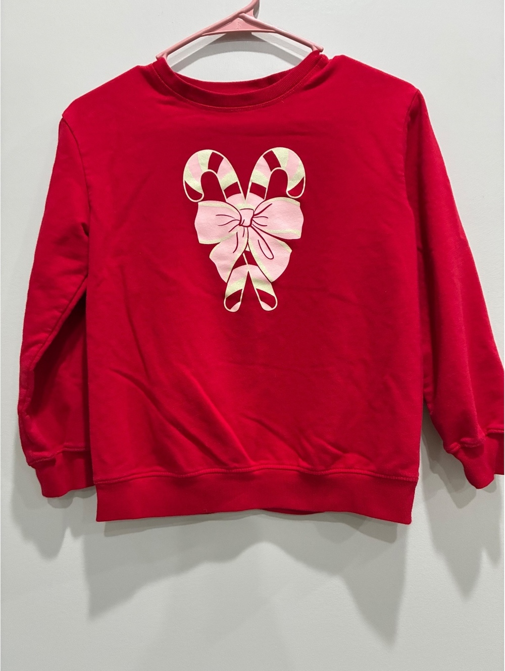Holiday Time Red Sweatshirt with Candy Cane and Bow Design Size Large (10-12)